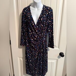 Anne Klein Womens Black Wrap Dress with Multicolor Confetti Print